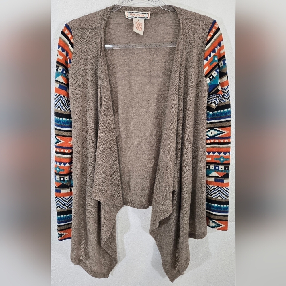 Flying Tomato Taupe Open Front Cardigan Sweater Aztec Tribal Sleeves, Small